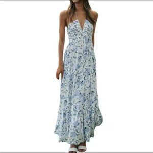 Floral Halter Maxi Dress in Blue and White L